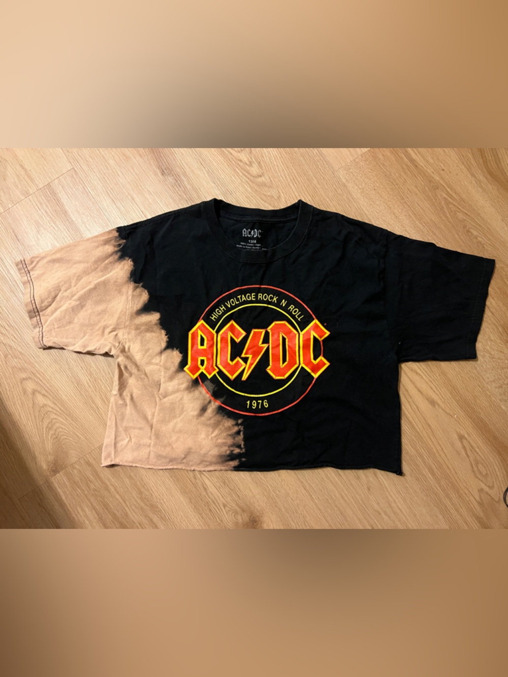 Hand bleached AC/DC Black & Bleach Tie-Dye Crop Top T-Shirt “Vintage” Band Tee